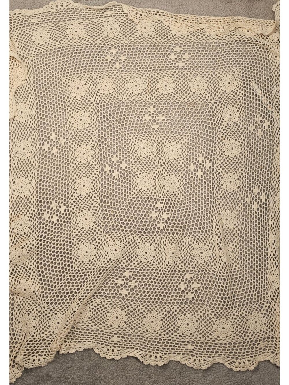 Handmade Beige Crochet Lace Tablecloth With Floral Design 60"x34" - Vintage Styl